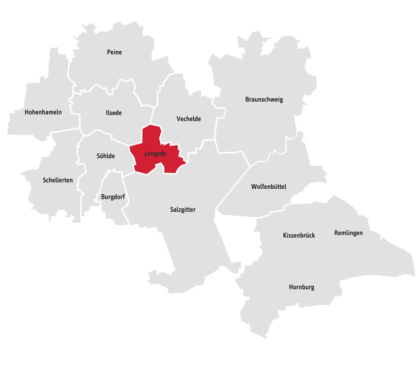 Eine Karte zeigt die Orte die beliefert werden. Die Orte sind: Braunschweig, Burgdorf, Hohenhameln, Homburg, Ilsede, Kissenbrück, Lengede, Peine, Remlingen, Salzgitter, Schellerten, Söhlde, Vechelde und Wolfenbüttel.